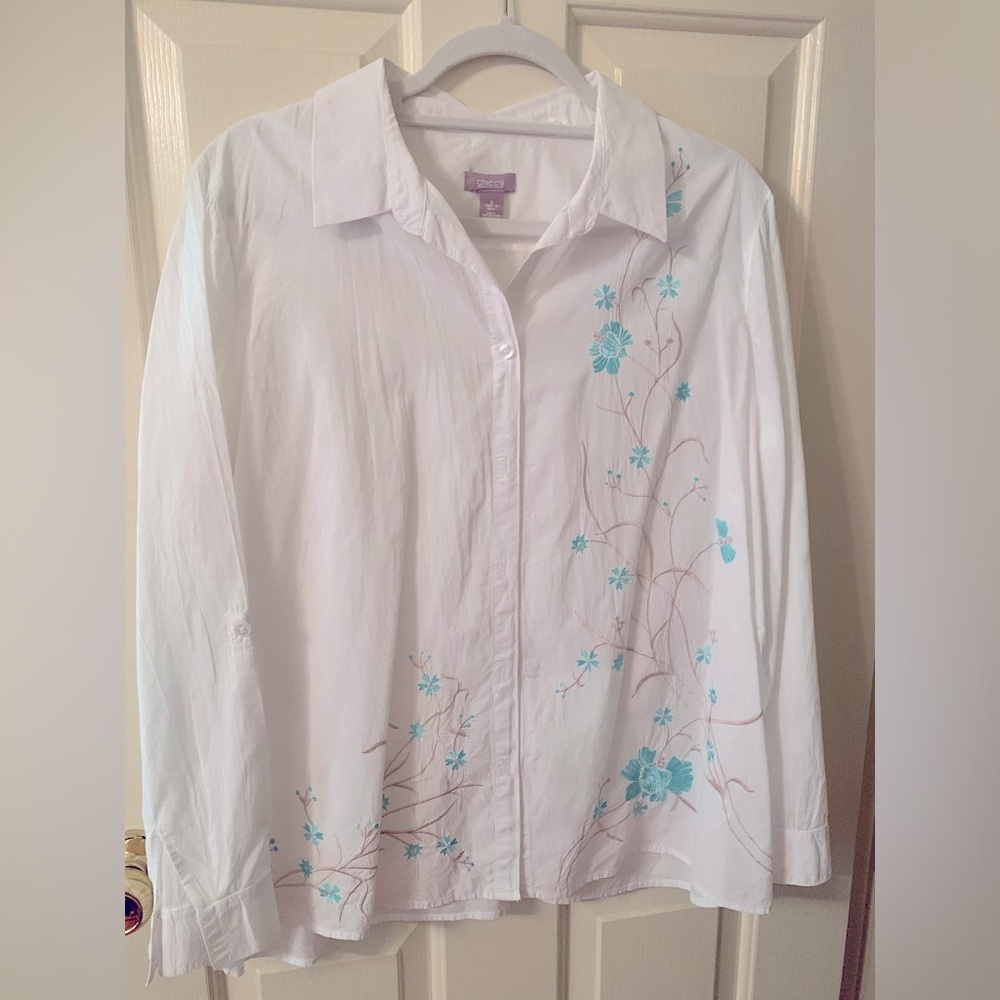 100% Cotton & embroidery shirt. Wear long sleeves or rolled up to 3/4 length.
